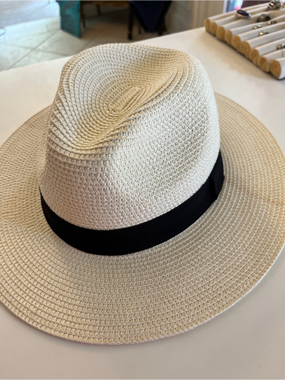 Panama Jack Cream Straw Fedora with Black Band. Our loss tag removed